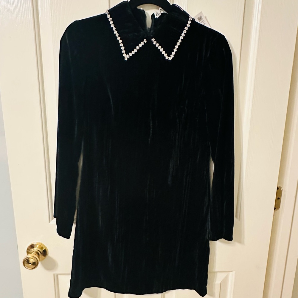 Zara Velvet Rhinestone Collared Mini Dress black Long Sleeve Sz XS sold out